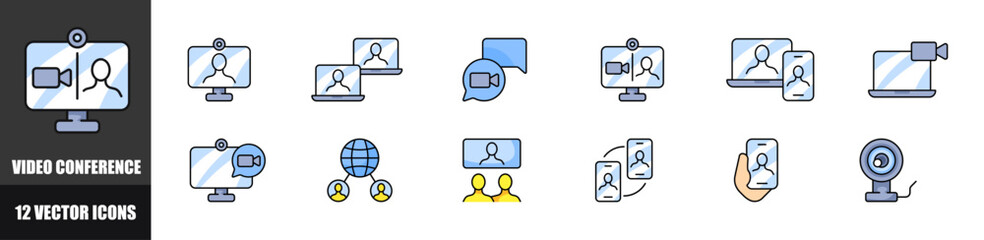 Video conference set icons. Flat style. Vector icons.
