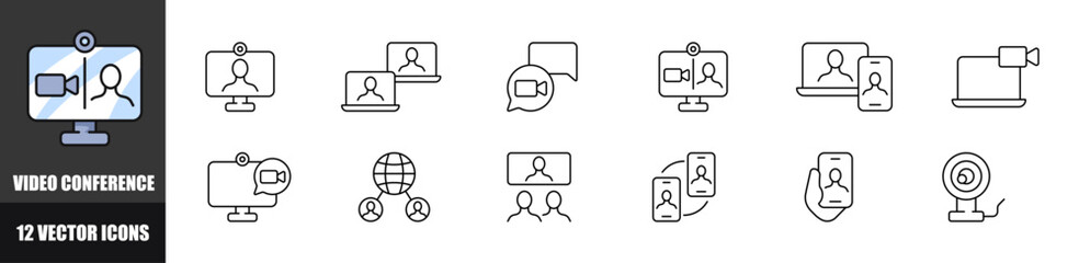 Video conference set icons. Linear style. Vector icons.