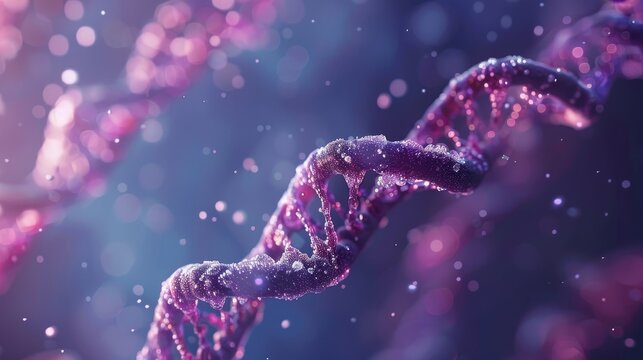 A close-up of a DNA double helix strand, rendered in a vibrant purple hue against a sparkling background.
