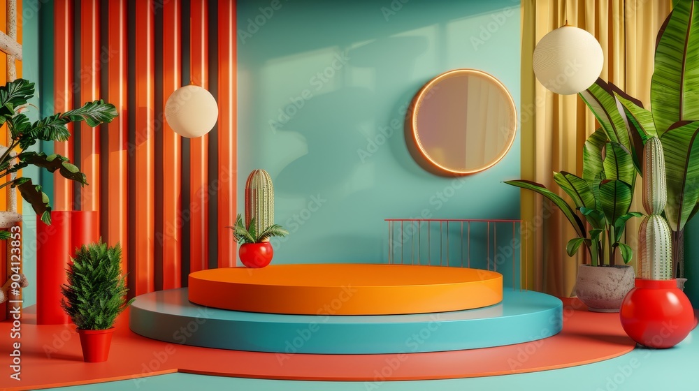 Poster a colorful 3d podium with plants and a round mirror in a modern minimalist setting.