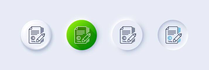 Copywriting line icon. Neumorphic, Green gradient, 3d pin buttons. Copyright signature sign. Feedback symbol. Line icons. Neumorphic buttons with outline signs. Vector