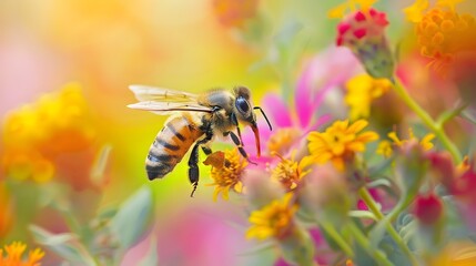 Fototapeta premium Vibrant Watercolor Bee Pollinating Flowers in Lush Garden Ecosystem