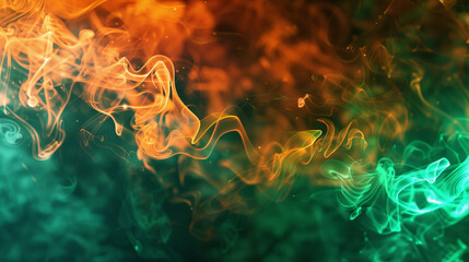A dynamic background showcasing vivid green and orange smoke trails mingling with translucent steam, creating a lively and energetic visual.