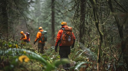A search and rescue team navigating a dense forest to find a lost hiker