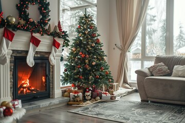 Christmas tree next to a fireplace with stockings hung