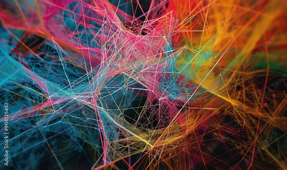 Poster intricate web of multicolored threads forming a mesmerizing geometric design, capturing the beauty o