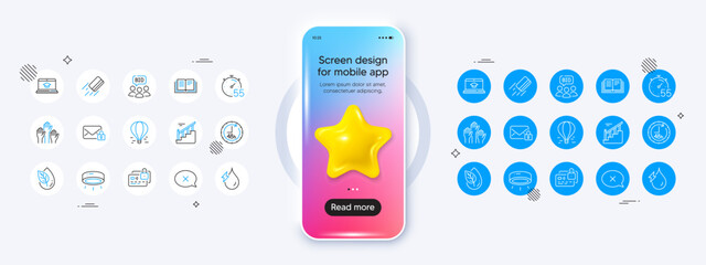 Hydroelectricity, Air balloon and Auction line icons. Phone mockup with 3d star icon. Pack of Stairs, Led lamp, Organic product icon. Secure mail, 48 hours, Voting hands pictogram. Vector