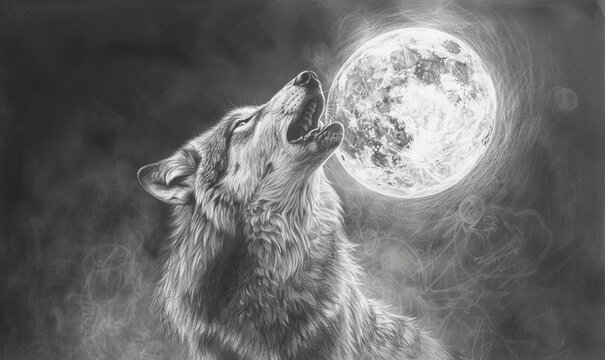Intricate pencil sketch of a wolf howling at the moon, capturing wild essence