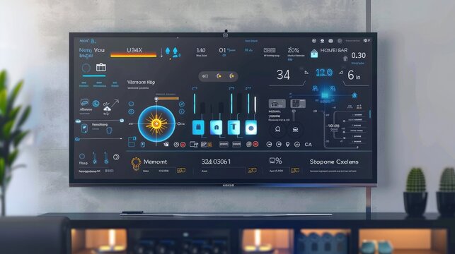 A home automation dashboard displayed on a smart TV, showing control options for various home systems including lighting, climate, and security.