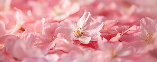 Fototapeta premium Close-up of pink cherry blossom petals, delicately scattered on a floral background, emphasizing their soft color and fragile form.
