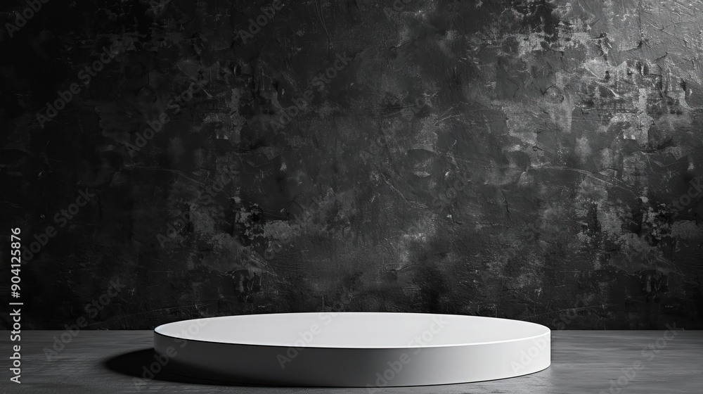 Poster a minimalist white platform against a dark textured wall, creating a clean and modern backdrop for p