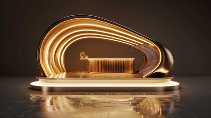A modern, futuristic bar counter with a curved design and warm, inviting lighting