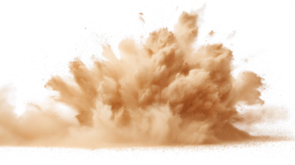 Dry Soil explosion with dirt and cloud smoke. Isolated on white background. Dirty ground abstract spread with flying particles