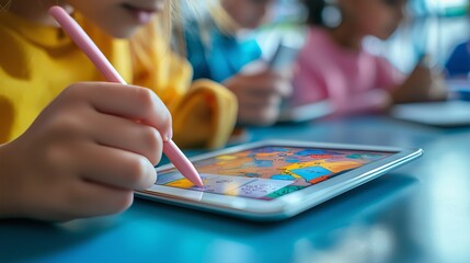 Child Using Digital Tablet With Stylus In Classroom Setting Learning Through Interactive Educational Technology And Creative Drawing Activities