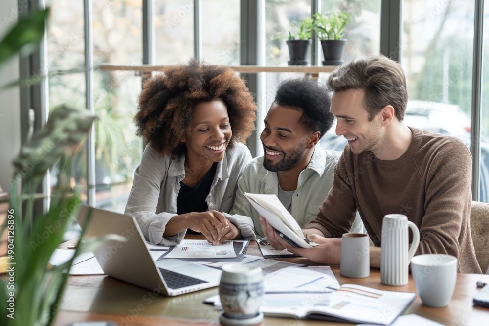 Poster Collaborative teamwork enhances productivity and innovation via effective communication. Laptops assist in planning, while motivation and networking are vital for success in any profession