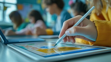 Student Engaged With Educational Tablet Using Stylus Representing Digital Classroom Technology And Creative Learning