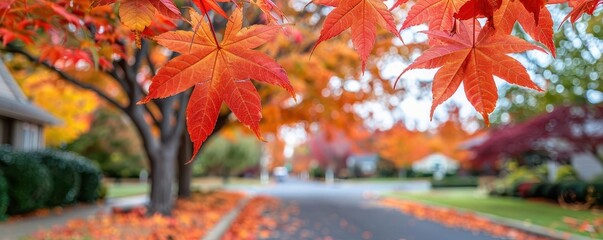 Closeup of glowing red maple leaves, botanical background close up, fall foliage, vibrant, composite, treelined street, copy space for text
