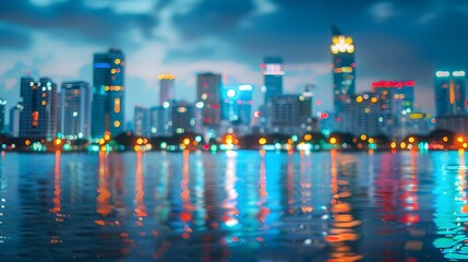 Fototapeta premium Captivating Cityscape Reflected in Shimmering River at Dusk