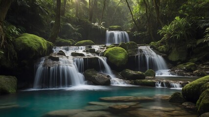 Obraz premium Waterfall landscape beautiful water falling on mountains in tropical forest. Ai Generative.