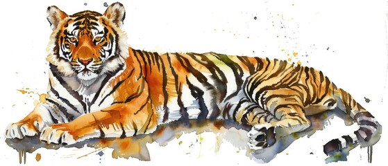Obraz premium Watercolor Painting of a Majestic Tiger Resting
