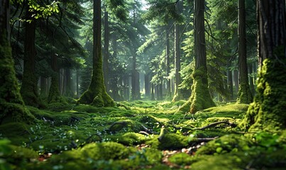 Fototapeta premium Serene forest with tall, ancient trees and a carpet of vibrant moss, creating a peaceful sanctuary