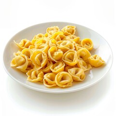 Medium shot of Tortellini pasta on a plate side view, isolated on a white background,  