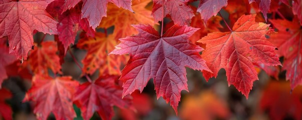 Detailed red maple leaves in autumn, botanical background close up, natural detail, vibrant, double exposure, suburban park, copy space for text