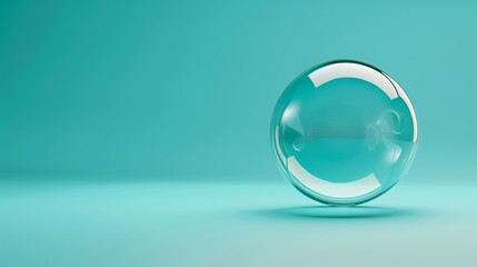 A single transparent sphere rests on a blue surface. The sphere reflects the blue background, creating a sense of depth and minimal design.