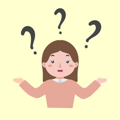 Vector illustration of girl with question mark, good for showing confused, uncertainly, questioning about something, isolated on light yellow background 