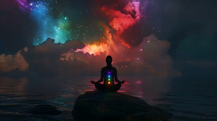 Silhouetted figure in meditative pose against a vibrant,surreal sky