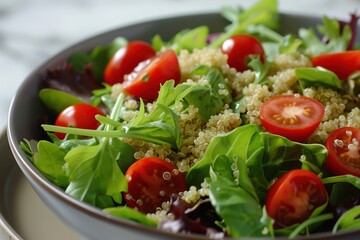 Fresh quinoa salad with tomatoes and arugula in bowl.