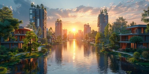 Solar-powered cities with sleek, energy-efficient buildings, emphasizing sustainable living