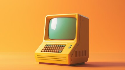 A vintage yellow computer on an orange background.