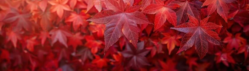 Detailed view of red maple leaves, botanical background close up, autumn colors, vibrant, fusion, backyard, copy space for text
