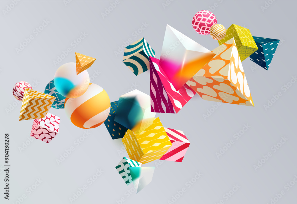 Poster colored 3d geometric shapes. composition of cubes, triangles and spheres. abstract vector background