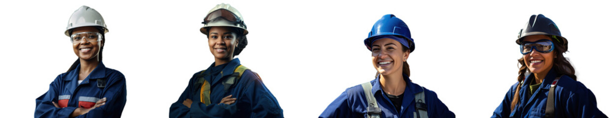 Fototapeta premium Diverse Women Construction Workers Ready to Work isolated against transparent background, PNG