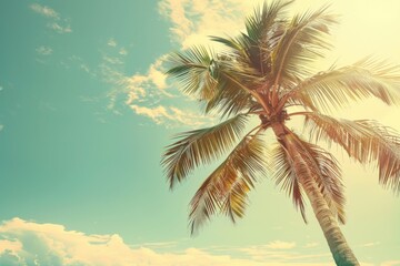 Coconut Palm. Vintage Summer Vibes with Tropical Palm Tree on Beach