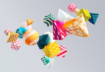 Colored 3D geometric shapes. Composition of cubes, triangles and spheres. Abstract vector background