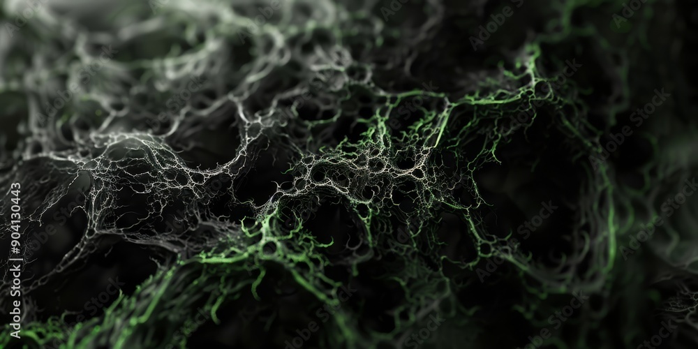 Poster a detailed visual depiction of tangled neural connections in green and black, forming an intricate w