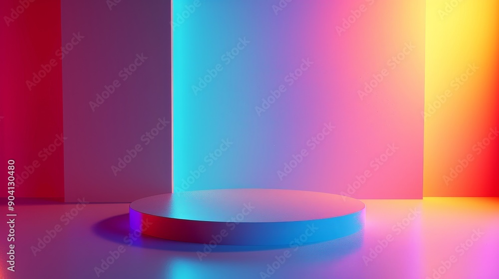 Poster abstract colorful neon background with a circular podium. minimalist design with vibrant hues. perfe