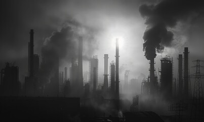 Stark industrial silhouettes against a grayscale skyline, portraying the harsh contrast of human progress and environmental impact