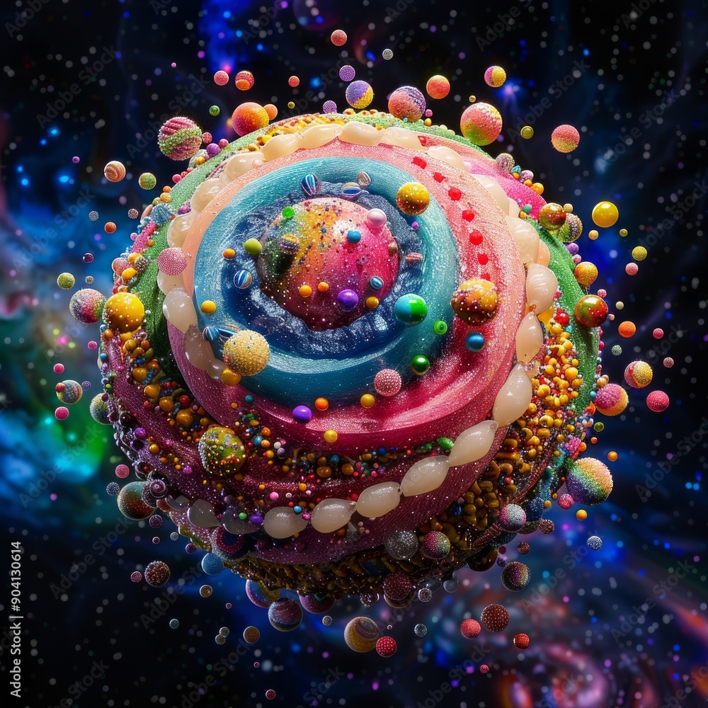 Poster abstract digital art of a colorful spherical object floating in space with vibrant and diverse textu