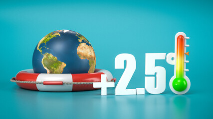 Erderwärmung - Erde mit den Kontinenten Amerika, Afrika und Europa in einem Rettungsring - Thermostat mit Temperaturanzeige 2,5 Grad