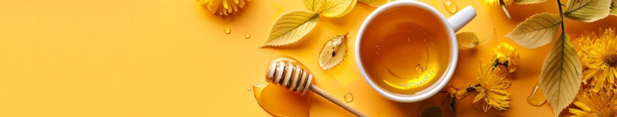 E-commerce Ready: Invigorating Bodhi Tea and Honey Bowl on a Vibrant Orange Background, Optimized for Commercial Use.