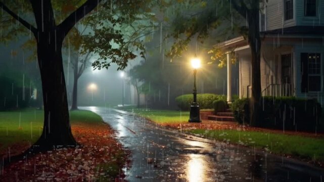 The atmosphere of a rainy night on a quiet street with street lights on. Seamless 4K looping timelapse video animation generated AI
