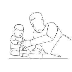 One continuous single drawing line art flat doodle kid, child, father, man, together, small, dad, parent, playing, little. Isolated image hand draw contour on a white background