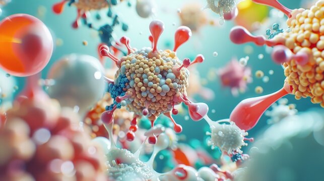 Abstract illustration of colorful viruses and cells in a vibrant, swirling background.