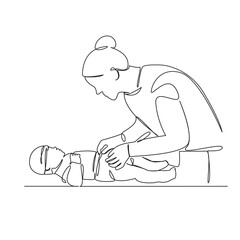 One continuous single drawing line art flat doodle diaper, mom, changing, care, love, hygiene, baby, family, motherhood. Isolated image hand draw contour on a white background
