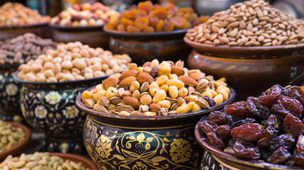 Assorted nuts and dried fruits in decorative bowls