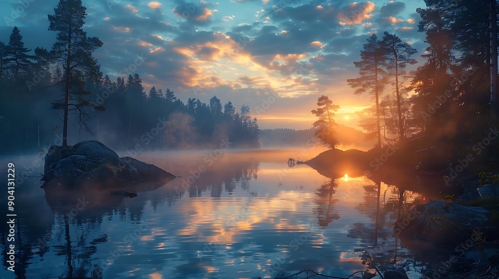 Canvas Prints Sunrise Over a Misty Lake with Silhouettes of Trees - Realistic Illustration